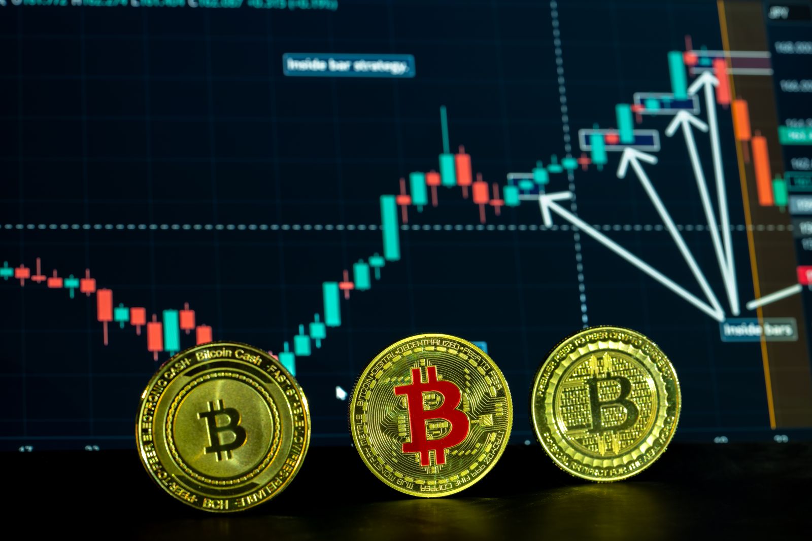 Moedas físicas de Bitcoin sobre um gráfico de candles em tela escura, representando o intervalo de compressão entre a votação da CLARITY Act e o FOMC