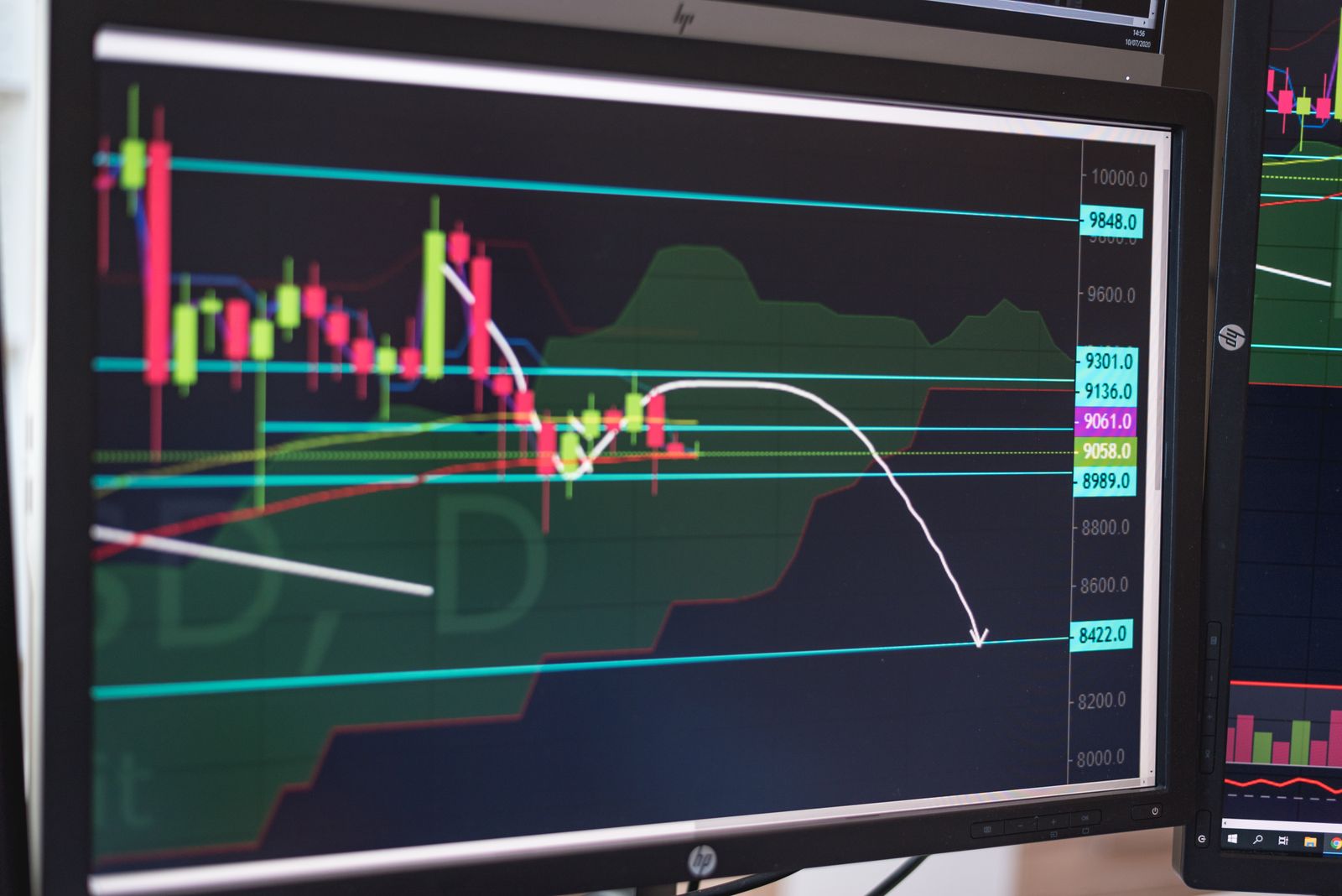 Gráfico de criptomoedas em monitor com tendência de alta, simbolizando o Bitcoin de volta acima dos US$ 78 mil após o falso rompimento causado pelo pânico da guerra EUA-Irã